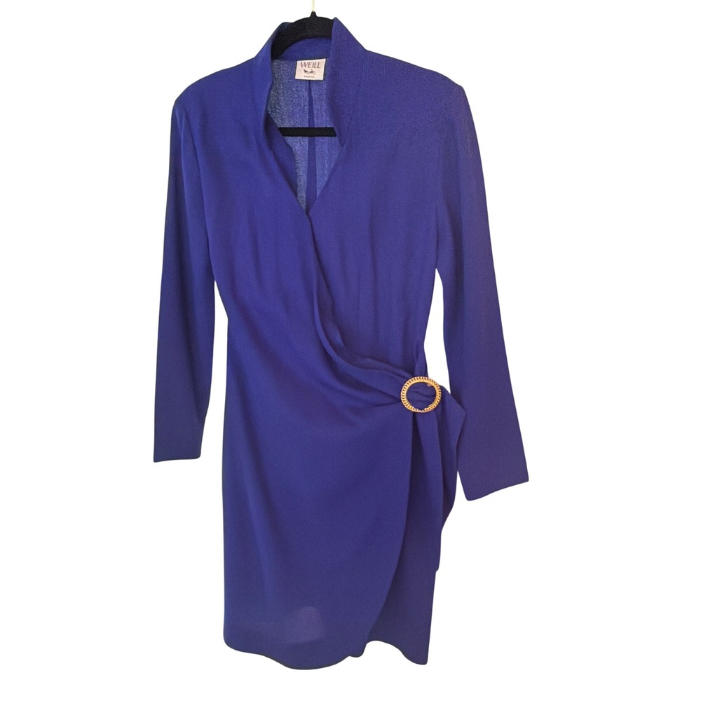 Weill Paris Dress Royal Blue Faux Wrap Gold Ring V-Neck Long Sleeve France
